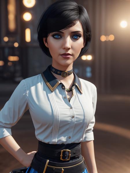 <lora:elizabethbioshock:0.7>,woman,black hair,(blue eyes:0.8),white blouse,short hair, steampunk eye-catching blue skirt, beautiful, dark background:0.8, deviantart, artstation, FAN ART, Unreal Engine, face enhance,8K, golden ratio, cinematic lighting H 704