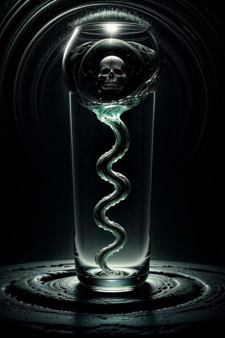 A close-up photorealistic image of a crystal-like floating skull facing dynamic view with its mouth open, pouring from it's mouth a shimmering liquid resembling the universe onto the ground, filled with rich stars and swirling galaxies. A simple void background enhances the dark atmosphere, shrouded in fog, capturing the hypnotic flow and shimmer of the cosmic liquid, evil demon, lucifer,