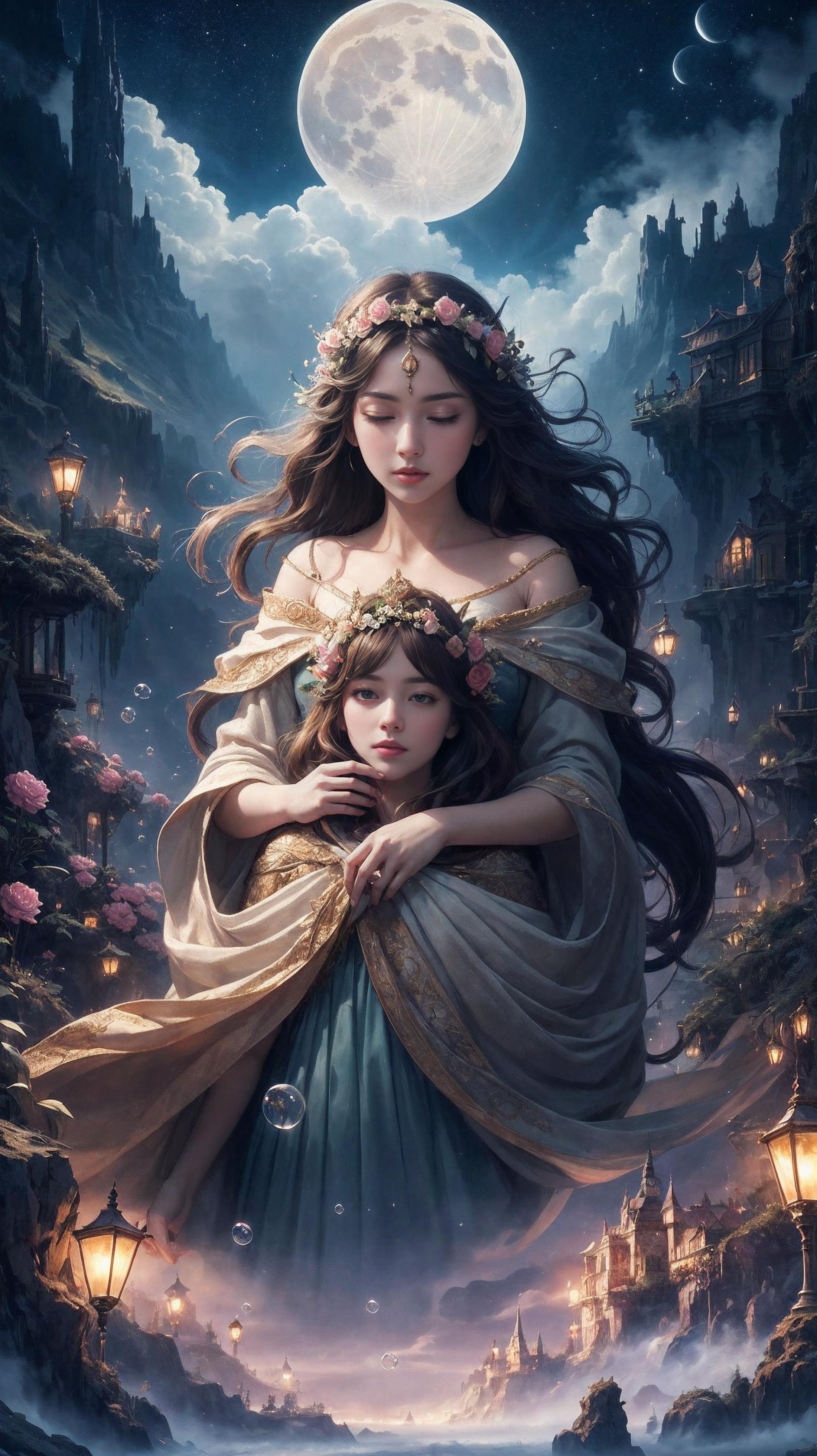 A painting of a woman and a child in a fantasy setting.