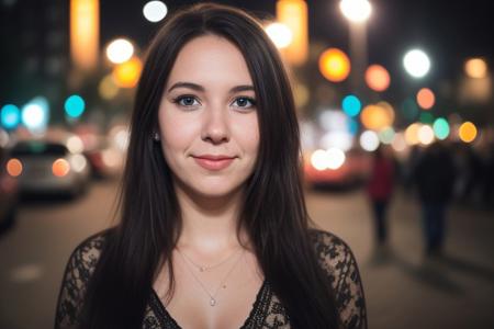 instagram photo, closeup face photo of 18 y.o swedish woman in dress, beautiful face, makeup, night city street, bokeh, motion blur