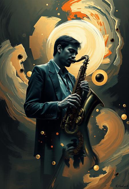 A musician playing a jazz saxophone, their body melting into swirling brushstrokes,  societal reflection, dark shadows, overlapping geometric shapes, majestic centerpiece, comprehensive, surreal reflection, meditative patterns, comprehensive, hyper-detailed digital art, overwhelming contemporary society