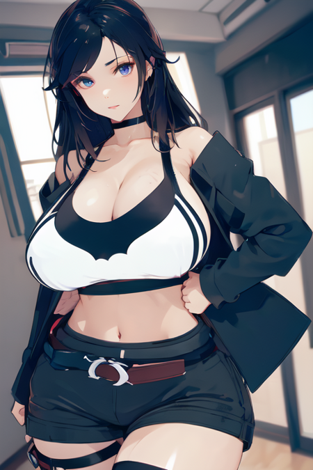 Astred, black hair, black jacket, bare shoulders, white sports bra, midriff, black shorts, belt, black legwear, thigh strap