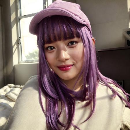 soft light, soft skin, (wider angle, waist up shot of HanniPham sitting on white bed:1), light pastel colored room, bokeh, f/1.8,  light purple bangs, inside, golden hour soft hair, HanniPham smiling, happy,  hair_bangs, wearing a cap, white hat, light pale purple hair, sitting on the bed, analog style, hyper realistic lifelike texture dramatic lighting, award winning photo, Nikon RAW photo, 8k, Fujifilm XT3, masterpiece, best quality, realistic, soft lighting, ultra detailed, extremely detailed face, window light rays, window bloom, volumetric lighting<lora:HanniPhamV1.0:0.95>