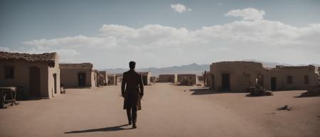 cinematic film still of a man in a desolate desert village at noon, overcast, filmic, vignette, highly detailed, high budget Hollywood movie, bokeh, cinemascope, moody, epic, gorgeous, film grain, grainy