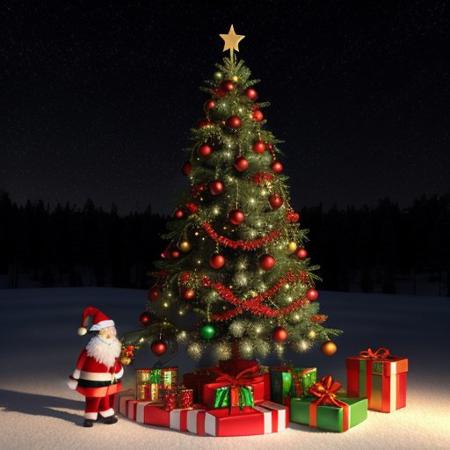 Santa claus, christmas tree, with toys, in the new year's forest 3d, glitter details