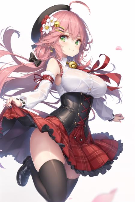 <lora:hongbsws_v2.8:1>
1girl, solo, big eyes, long hair, breasts, looking at viewer, blush, smile, bangs, skirt, large breasts, shirt, hair ornament, thighhighs, hat, long sleeves, white background, bow, closed mouth, green eyes, full body, pink hair, white shirt, flower, ahoge, frills, detached sleeves, hairclip, collared shirt, black thighhighs, hair flower, virtual youtuber, red bow, plaid, petals, bell, black headwear, floating hair, red skirt, plaid skirt, frilled skirt, cherry blossoms, jingle bell, corset, neck bell, pink nails, jumping, floral background, underbust, brown thighhighs, <lora:envybetterhandsLocon_beta2:1>, masterpiece, best quality, highly detailed