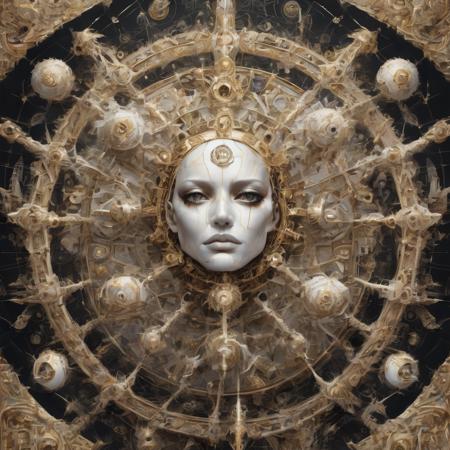 be not afraid, unearthly being, geometric shapes, multitude of eyes, wheel, segmented, white, gold, elaborate, ornate, unsettling, hovering, flying, towering above, biblepunk, extremely detailed, insane level of detail, absurdres