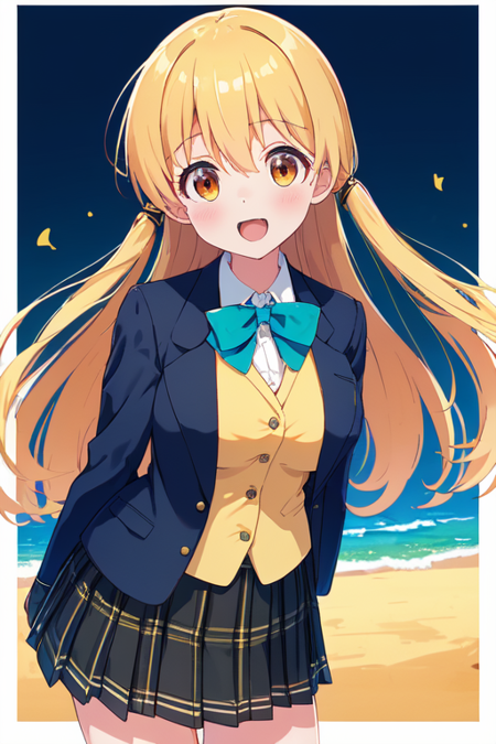 (masterpiece), (high quality:1.4, best quality:1.4), cowboy shot, 1girl, blonde hair, orange eyes, school uniform, blazer, blue jacket, open jacket, yellow vest, black bowtie, medium breasts, plaid skirt, pleated skirt, minagi koharu