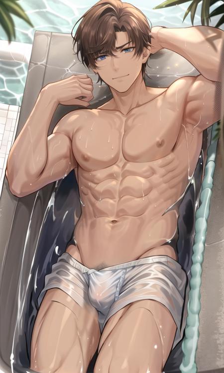 <lora:zuoran:0.56>, 1boy, (blue and aqua_eyes), brown_hair, (bare shoulders), collarbone, (wet),(abs),nude, (bare shoulders), (abs), collarbone, collarbone,(((male_focus))),navel,nipples,swimming,nipples,((boxer briefs)),partially_submerged,pectorals,single_earring,sitting,smile,solo,toned,toned_male,water,wet,(Eachcolorblockisclearlydistinguished:1.1),(bath),lapels,god rays