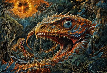 style of Mati Klarwein, EnhanceImage, highly detailed, ultra detailed, high quality, sharp image, bright orange gray blue forest background, rich shadows and bright highlights, close up view, elaborate illustration long slithering serpent monster, (mouth open snarling teeth), horror, light shining through, transparent fins and spikes, bright shining golden dust details, glittering metallic details