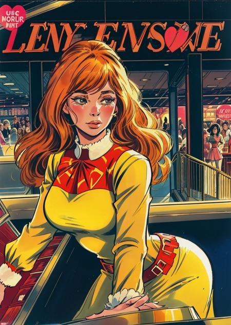 romance_comics_cover, crying Glenda Jackson with feathered, 70s style department store, multi-level shopping emporium with escalators, perfume counters, and a bustling clothing section, dramatic lighting, dramatic perspective, <lora:romance_comics_cover:1>