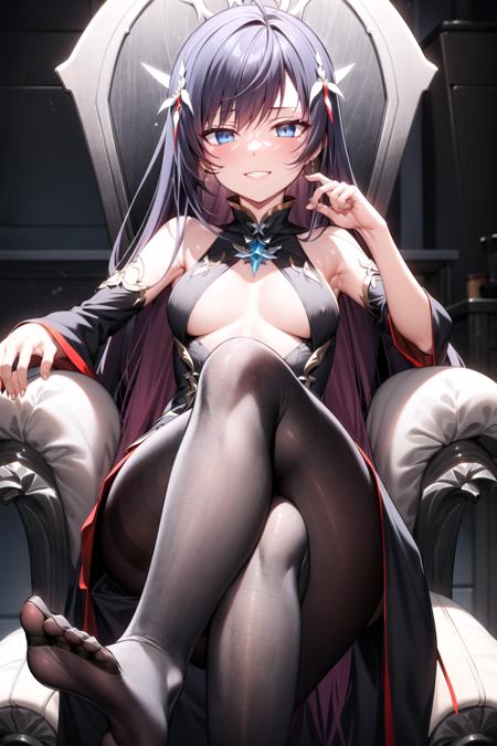 masterpiece, best quality, ultra-detailed, illustration, warm lighting, bright colors, 1girl,solo, long hair, very long hair, rosaria le friede,

black hair, shaded_face, smile, blue eyes, black dress, black pantyhose, crossed legs, detached sleeves, feet, soles. no shoes, no bra, sitting, throne, from below, thighs, 

ahoge, wine glass, sky, legs, bangs,

messy hair,

 <lora:Rosa:0.65>