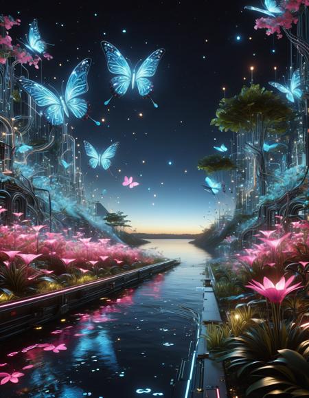 Great big lush cybernetic garden overflowing with strange flora & fauna. Picture this — a jungle with trees that have LED light leaves and intertwining fiber optic cables for vines. With wings of circuit board, butterflies flutter through the mechanical flowers of a finely detailed machine. Embedded holograms sparkle in a silvery stream that runs through the scene, its water glistens. Across the horizon a colossal biomechanical edifice looms, blending natural and techno styles into a single structure. Sky is a gradient of electric blue and neon pink; Metro displayed as digital skyline filled with fireflies that glowed slowly pulsating. In general it feels quite funnysynthetic to our time, a nostalgic mix of nature and technology. Mind-numbingly detailed and high res, 8k photorealistcinematic lighting.

