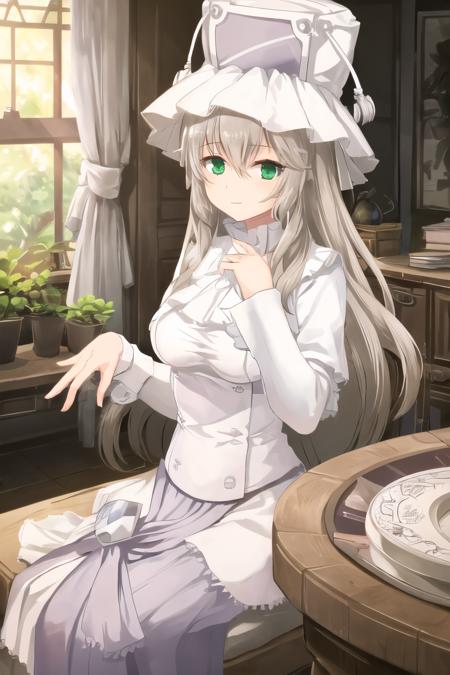  pmmmorikomagi, green eyes, blonde hair, white dress, shield on hip, white hat,