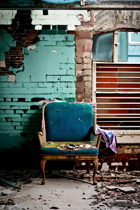 a blue chair sitting in front of a brick wall with a plant growing out of it's back, Claire Hummel, overgrown, a still life, neoplasticism ,  abandoned_style