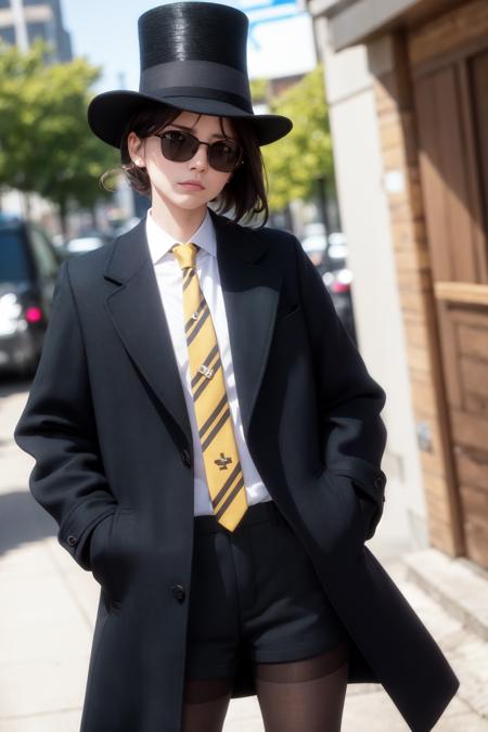 best quality, masterpiece, (close-up,face focus:0.8),
sunglasses, necktie, animal ears, gloves, 1girl, black hair, shirt, suit, formal, official alternate costume, long hair, Top hat, black headwear, jacket, white shirt, black necktie, dutch angle, 1girl, black gloves, holding, black jacket, multiple girls, watch, aqua eyes, adjusting clothes, collared shirt, hand in pocket, black gloves, short hair, looking away, long sleeves, ponytail, outdoors, hair between eyes, adjusting necktie, flower, black suit, open clothes, coat, wristwatch, blue flower, smoke,coffee,coffee cup, cat girl, bangs, striped, necktie, black headwear, (overcoat:1.3),
(black pantyhose:1.3), shorts,
(frown, scowl:1),
looking at viewer,Supercilious,rolling eyes,(disdain:1.2),glowing eyes, sparkling eyes,
cinemagraph, muted color, high contrast, movie,