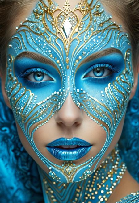 Macro-Detailed futurustic makeup Digital fantasy glossy makeup with diamond dust inserts and gold filigree, Triple-Filtering Technique for unparalleled texture definition, Double Digital Post-processing, Exquisitely detailed artwork, Masterpiece. (Cool shades of blue), (a broad blue palette), Perfectly drawn facial features. Perfectly drawn limbs. Perfectly drawn extremities. Ultra-surrealism. Masterfully detailed illustration. (insane detailed beautiful blue eyes and detailed face), UHD. 32K. Masterpiece. Surreal-Abstract Fusion Background., beautiful volumetric lighting, epic light, UHD, masterpiece, photorealistic, high quality, brilliant composition,