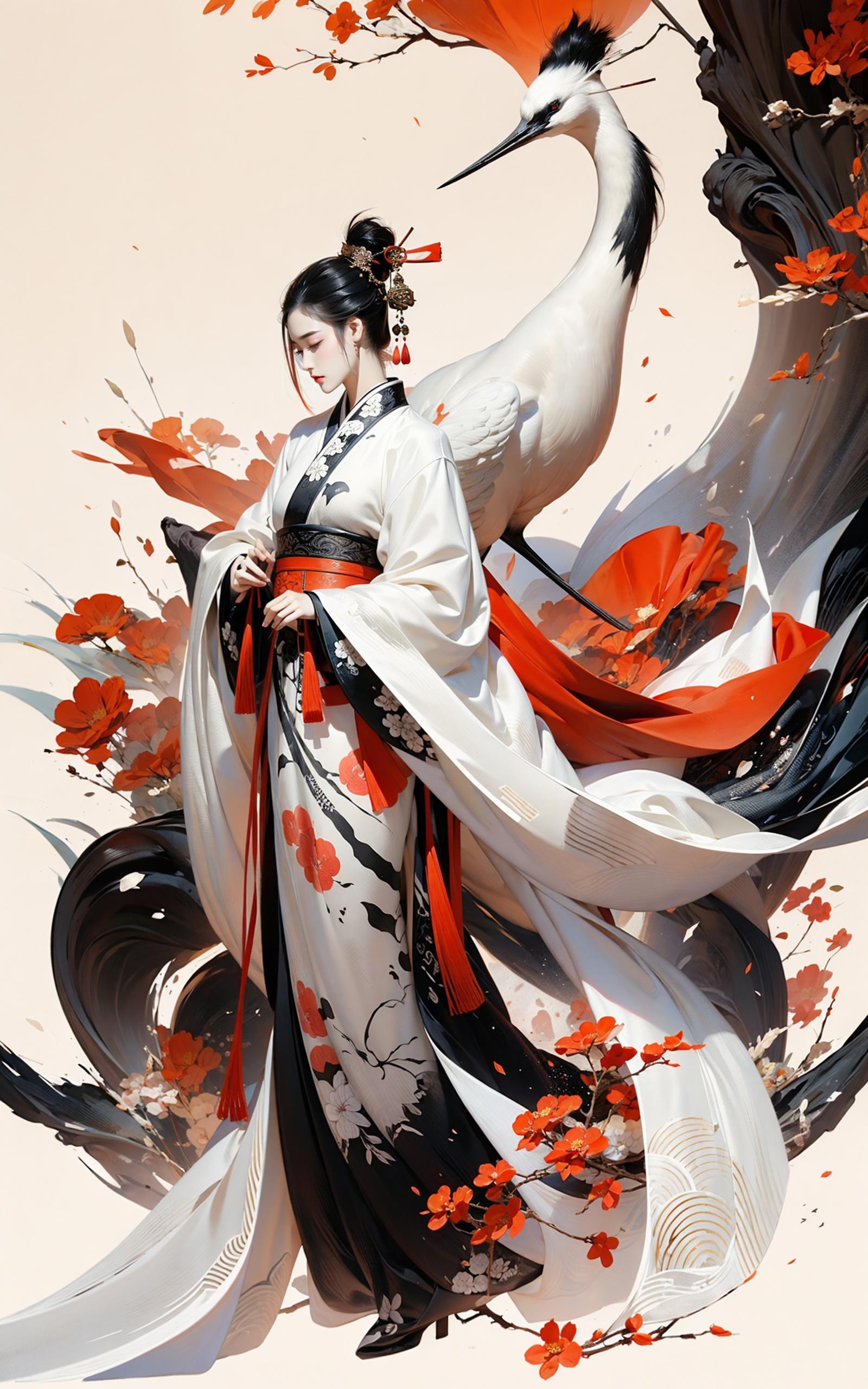 A beautifully drawn Asian woman with a white dress and red accents, surrounded by flowers and a bird.