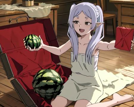 masterpiece, best quality,  <lora:FrierenHoldingObjectV1-000150:1>, FHO, holding watermelon, white hair, sitting, waiza, towel