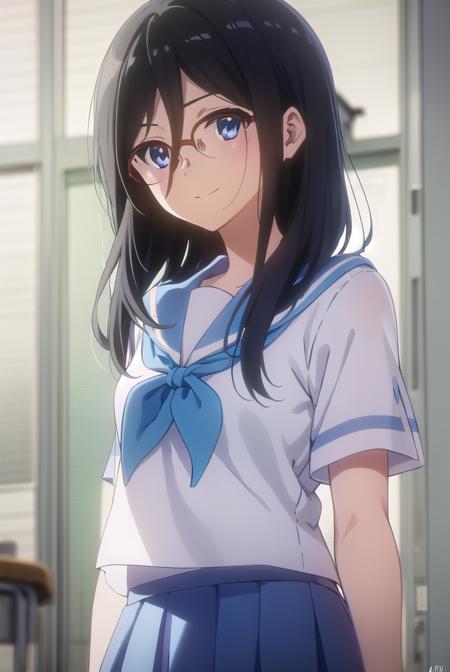 asukatanaka, <lora:asuka tanaka s2-lora-nochekaiser:1>,
asuka tanaka, long hair, black hair, blue eyes, glasses, semi-rimless eyewear, red-framed eyewear, over-rim eyewear, hair between eyes, smile,
BREAK skirt, shirt, school uniform, white shirt, short sleeves, pleated skirt, serafuku, sailor collar, blue skirt, neckerchief, blue sailor collar, school bag, green neckerchief, kitauji high school uniform,
BREAK indoors, classroom,
BREAK looking at viewer, (cowboy shot:1.5),
BREAK <lyco:GoodHands-beta2:1>, (masterpiece:1.2), best quality, high resolution, unity 8k wallpaper, (illustration:0.8), (beautiful detailed eyes:1.6), extremely detailed face, perfect lighting, extremely detailed CG, (perfect hands, perfect anatomy),