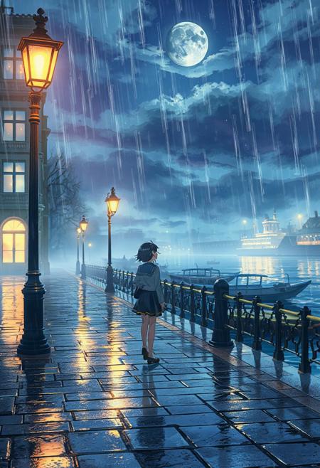 Vertical 9:16 cinematic anime scene, ultra-detailed 4K, in the style of “Weathering with You” key art: a lone girl in a rain-drenched school uniform standing on a paved riverside promenade flanking a wide river; ornate streetlamps cast warm pools of light on slick stones, historic windows glow softly behind; small boats bob gently at the docks; soft purple-blue mist hovers over the water; feenstaub dust motes drift in lantern light; layered clouds recede into depth; volumetric rain-pierced moonbeams; parallax-ready composition with lamp post crisp in foreground, girl in sharp midground, distant city lights blurred in background; hyper-detailed watercolor cel shading, wet pavement reflections, subtle bloom and film grain; mystical, emotional depth