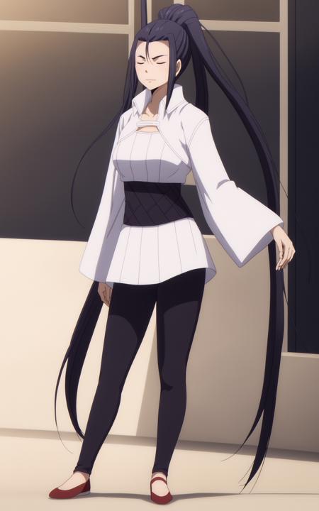 anime, lixu, a woman with long black ponytail hair, three front hair strands, closed eyes, a white one-piece outfit, a black waistband, black tights, red shoes, 8k, unreal engine, octane render, by kyun, gamang, Yoon Gon-Ji, g.ho, gosonjak, shuroop, serious, domi, noah, trending on pixiv, fanbox, skeb, masterpiece, smooth soft skin, big dreamy eyes, beautiful intricate colored hair, symmetrical, anime wide eyes, soft lighting, concept art, digital painting, <lora:lixu:0.4> <lora:lixu:0.4>