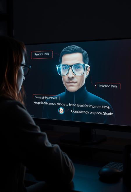 “Create a 16:9 cinematic scene where a player sits at a desk, immersed in a game, the room dimly lit by the screen. On the screen, a male AI operator with long brown hair and fancy reading glasses (sleek, futuristic frame) appears as a semi-transparent hologram. The operator’s appearance is intellectual and sophisticated, his glasses reflecting the screen’s light.
The player asks the operator for tips on improving aim and reaction time. The AI operator calmly advises on crosshair placement, suggesting the player keep it at head level for faster shots. He also recommends reaction drills and emphasizes consistency in practice. Floating icons or text highlight key points like ‘Crosshair Placement’ and ‘Reaction Drills.’
The scene shifts between close-ups of the player’s focused expression and the operator’s glowing form. His glasses subtly reflect the light, adding a polished, high-tech touch. As the operator shares advice, his calm, confident tone encourages the player. The player nods, ready to apply the tips and feeling more confident in their skills.”
