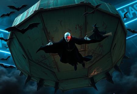 “A massive, decayed geodesic octagon structure floats in the eerie vastness of outer space, its metallic panels corroded with shades of dark green, rust, and streaks of slimy decay. Neon blue lines flicker faintly, casting an ominous glow. The scene is haunted by spectral bats swooping around, trailing smoky shadows as they pass. Ghostly witches in flowing tattered cloaks ride across the scene on their broomsticks, leaving trails of dark mist in zero gravity. Suspended near the octagon’s surface is a pale, sinister figure resembling Dracula himself, with a dramatic black cape flowing outward, proclaiming, ‘Sono il Conte Jaculaaaaaaaaaaaaa!’ His eyes glow blood-red, illuminating a ghostly smile. Other vampiric figures emerge from shadowy depths, each with sharp, elongated fangs, adding to the haunting atmosphere. Around the octagon, fragments of decayed pumpkins and desiccated vines float, enhancing the macabre Halloween setting. In the background, stars cast a faint, ghostly light over the scene while a swirling nebula glows with faint orange and purple hues, giving a haunted galaxy effect. Captured with Panavision optics, the details are intensely realistic in 8K ultra-HD, while the Octane Render highlights every decayed texture, eerie lighting, and supernatural detail, bringing a cinematic, haunted Halloween vibe to life.”