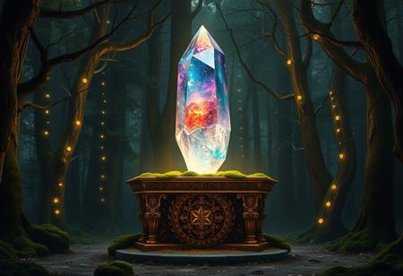 A big shimmering multicolored crystal floating above an ancient, moss-covered gold altar
enchanted magical forest.
glowing trees
