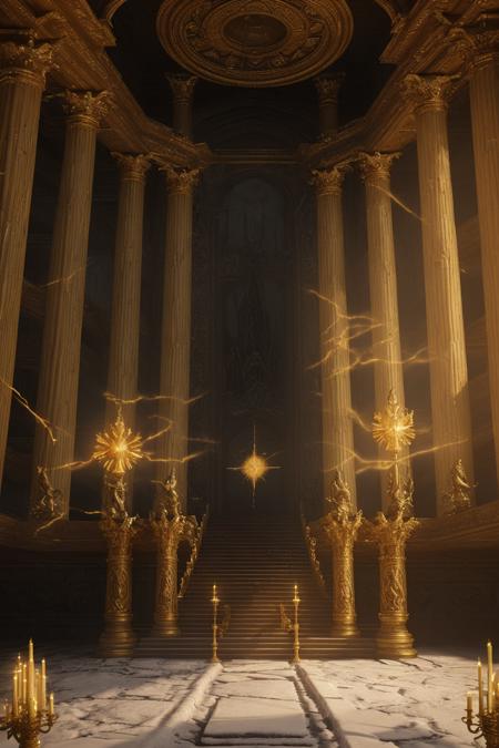 massive open throne room in a forgotten mountain palace, endless golden stairs leading up to a throne glowing with divine energy, massive stone pillars carved with angelic script, floating torches with eternal flame, snow falling softly through broken ceiling, high fantasy cathedral style, 4K cinematic depth, moody lighting and shadows