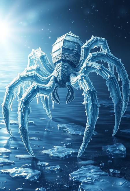 beautiful aesthetic, intricate, a tarantula made of ice, covered in icicles, walking on water, its steps freezes the water, magical aura, fantasy art, peaceful, high fantasy style, mysterious, celestial light, ethereal, painterly, epic, majestic, magical, fantasy art, cover art, sparkling ice, dramatic lighting