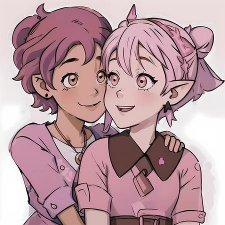 smiling, ((high resolution illustration)), ((extremely detailed)), (masterpiece), two girls, (amity with pink hair bun and (brown shaved hair:1) and pointy ears), (luz with short brown curly hair), (luz and amity:1.2), (luz:1), (Amity:1), <lora:LuzandAmitySeason3:0.99>, simple background, (white background), kiss