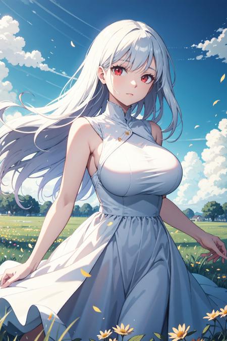 (close view:0.8),
beautiful person, white long hair, red eyes,
(GIGANTIC HUGE BREAST:0.6), (GIGANTIC HUGE HIP:0.6), 
white dress,
grassland, bluesky,
wind effects, flower effects,