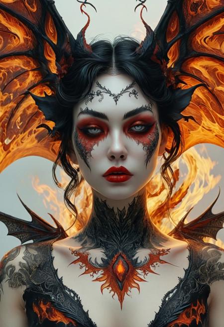 A woman with a voluptuous body and large breasts has an enchanting, yet sinister appearance. She embodies the characteristics of a demonic succubus, featuring demonic wings, a body tattoo, and an aura filled with both fire and demonic energy. Her style is distinctly demonic, and she carries herself with the grace and allure of a succubus. Her makeup and tattoos further emphasize her otherworldly persona.