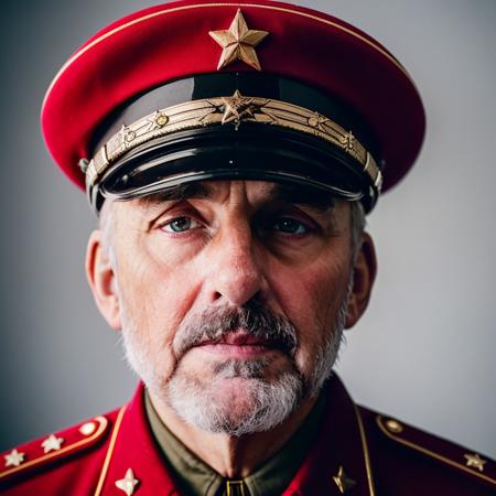 analog gloomy (close up shot) photo of a mature man, <lora:j0rd4np3t3rs0n:1>, (dressed as a soviet soldier with pointed cap), communism, ussr, High Detail, Sharp focus, realistic, best quality, 8k, award winning, dramatic lighting, epic, cinematic, masterpiece, photography studio, Fujifilm XT3