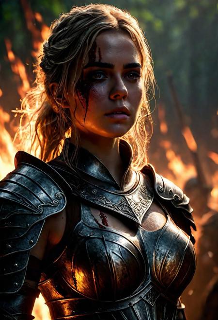 Ultra detailed digital art masterpiece Warrior girl dressed in a iron Armor, Standing on a battlefield at the head of an army of knights, where a bloody slaughter is taking place, standing in battle pose, a dark epic fantasy, perfect lighting, beautiful Kiernan Shipka as Warrior girl, attractive woman, elegant, sinewy athletic body, unreal engine 5 nanite quality, mixed with dark elements, dark environment, very stormy day, clean dark velour witch clothing, LOTR style, dark washed out eyeliner, no make up, natural bloody face, realistic brown eyes, ultra detailed atmospheric details, beautiful glowing effects, sparkle effects, realistic body proportions, beautiful face proportions, complex masterpiece, wavy blonde hair, creative glowing detailed tattoos, complex physics, enhanced colors, complimentary colors, ultra detailed raytracing reflections, Ultra detailed complex background, environment feels alive, direct eye contact, dramatic lighting, wet and sweaty skin, beautiful firm Breasts, Daylight, Concept art portrait by Greg Rutkowski, adding to the intense and dynamic atmosphere of the scene.