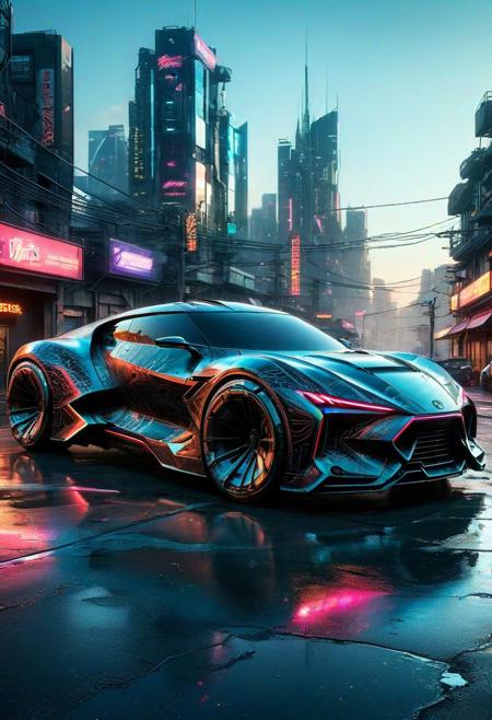 The cyberpunk car is a sleek and menacing marvel of futuristic design. Its body, sculpted from glossy, jet-black composite materials, exudes an aura of darkness and mystery. Neon accents trace intricate patterns along the vehicle's curves, casting an otherworldly glow in the night. The car's angular lines and sharp edges evoke a sense of speed and aggression, while its tinted, teardrop-shaped windows conceal the occupants within. The wheels, equipped with glowing LED rims, seem to hover above the ground, defying gravity. This cyberpunk car is not just a mode of transportation; it's a symbol of a dystopian future where technology and rebellion collide.
