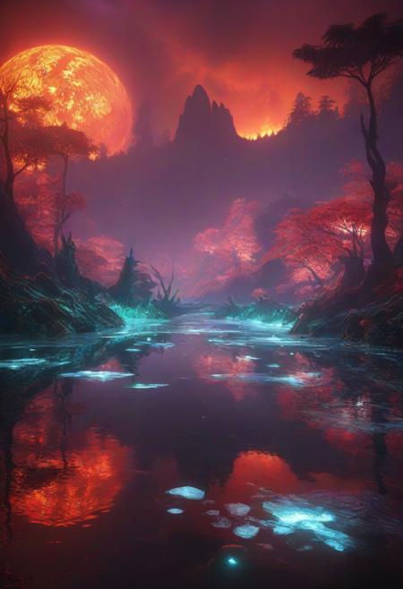 Ultrarealistic. sharp focus, dynamic lighting. play of light, reflection, refraction, Raytracing, Ultra detailed. Alien themed. Alien scenery. alien scenery background. alienworld. An alien fire dragon surrounded by ice.enchanting, cosmic, celestial, ethereal, vibrant flora, magical, luminous, serene, dreamy, radiant, bioluminescent, intricate details, surreal, enchanted forest