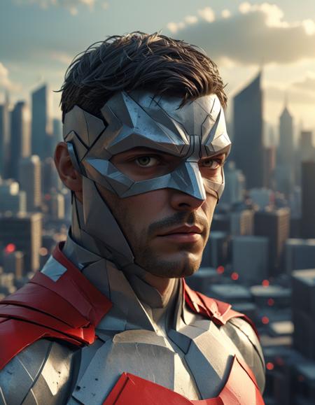 A superhero, (revealing their secret identity:1.2), in an origami style, (trusting and vulnerable:1.15), with a solemn expression, set against a backdrop of a city skyline, 8K resolution, photorealism, cinematic, dynamic lighting, capturing the essence of the moment.