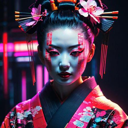 geisha portrait, cyberpunk aesthetic, glitching neon kimono, data noise, energy shamisen, glitch art style, square format, detailed face, intricate patterns, data streams, cyberpunk makeup, square