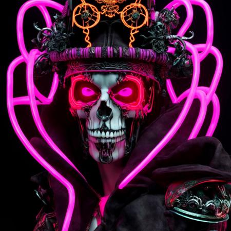 a 3d render of a cyberpunk gothic skull face surrounded by neon lines and veins, in the style ayami kojima with headdress made out of sushi