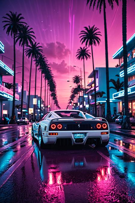 cinematic film still 80s synthwave, retro-futuristic, A  white Ferrari F50   driving on a street, with glowing palm trees lining the road. The scene is captured from a low-angle shot, emphasizing the sleek design and vibrant colors of the car, reflecting off the wet asphalt. The background features a neon sunset with horizontal lines, characteristic of the synthwave aesthetic, in vivid hues of pink, purple, and blue. The image is highly detailed with dramatic lighting, creating a sense of speed and motion. The artwork has a vaporwave vibe, combining retro and futuristic elements with bold, electric colors and a minimalist, sticker-like style on a white background. The atmosphere is surreal and cinematic, with sharp contrasts and intense glow effects, reminiscent of 80s digital art. This 3D render, illustration, is crafted with high resolution, capturing the essence of a synth wave cityscape in extreme detail and dynamic composition. 8k resolution with a focus on vibrant neon and striking details, evoking a nostalgic yet futuristic feel, cyberpunk, shallow depth of field, vignette, highly detailed, high budget, bokeh, cinemascope, moody, epic, gorgeous, film grain, grainy