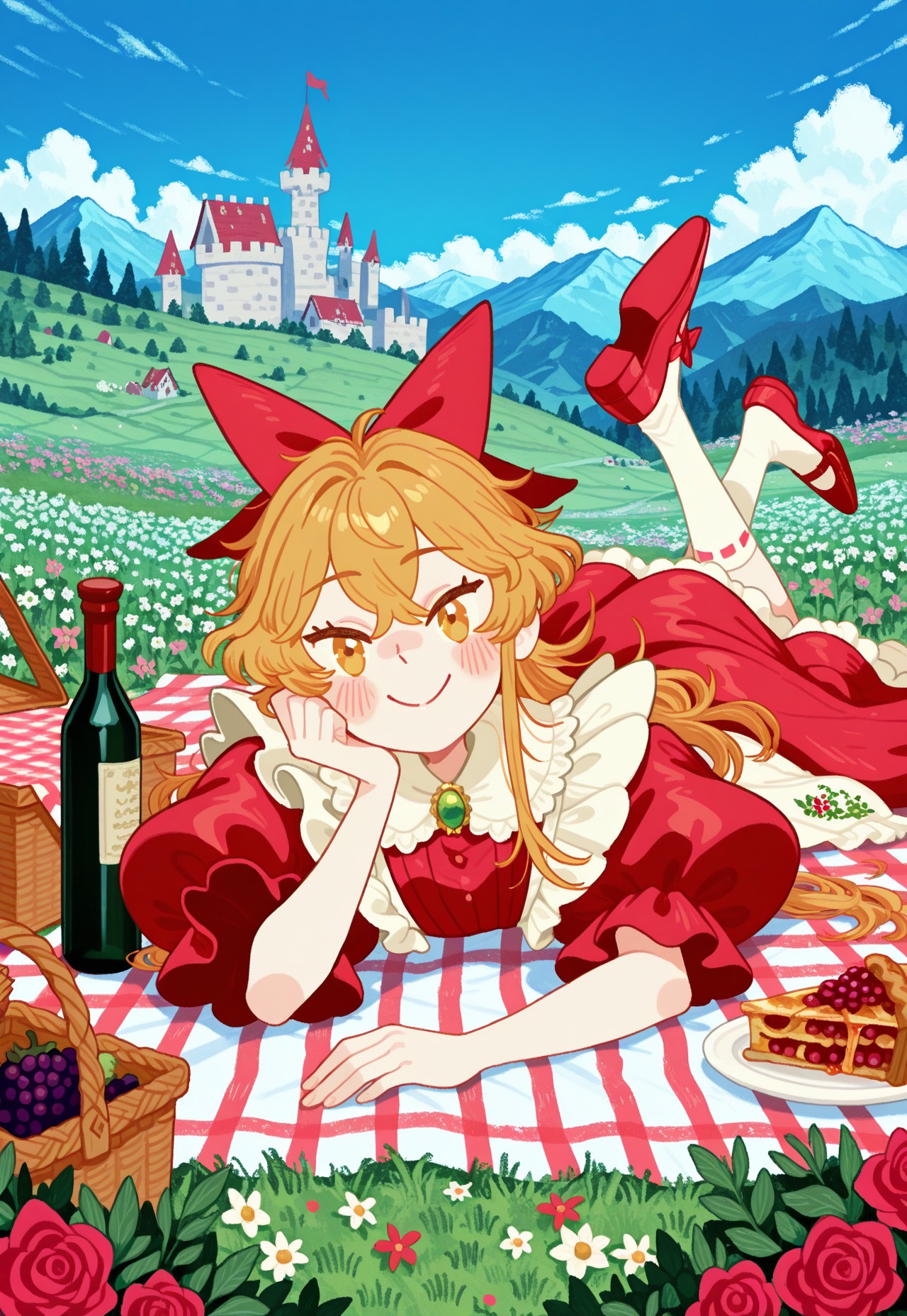 A young woman with yellow eyes, blonde hair, and a content smile lying on her stomach on a red and white picnic blanket, propping her head up with her right hand while kicking her legs up in the air. She is wearing a red dress with a white ruffled collar, red heeled shoes, and a large red bow in her hair. On the blanket are a closed basket, a bottle of wine, a basket of grapes, and a slice of pie. The immediate foreground shows red roses and white wildflowers, and the picnic is set in a lush green meadow that stretches back to a large, white castle before a range of blue mountains under a blue sky with clouds.