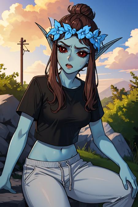 (masterpiece, best quality:1.2), <lora:azura:1>, azura, 1girl, solo, blue skin, pointy ears, black shirt, hair bun, pants, red sclera, hair flower, breasts, outdoors, sitting, midriff peek,