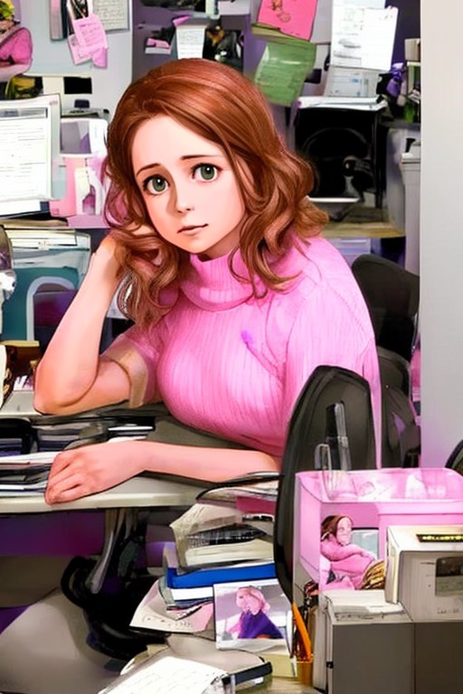 pink sweater, white dress shirt, sitting at a desk, concerned expression, looking at viewer, brown hair, long hair,  photo...