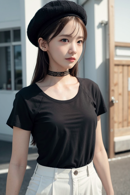 snsdyoona, urban, streets, (day:1.1), RAW,(8k, best quality, masterpiece:1.2),(intricate details:1.4),(photorealistic:1.4),octane render, complex 3d render ultra detailed, studio soft light, rim light, vibrant details, ultra detailed, realistic skin texture, detailed face, beautiful detailed eyes, extremely detailed CG unity 8k wallpaper, makeup, (detailed background:1.2), (cowboy shot:1.2),(perfect anatomy:1.2),(wide hip:1.1),(black t-shirt, pants, choker, beret:1.2), <lora:snsdyoona-v1:1>