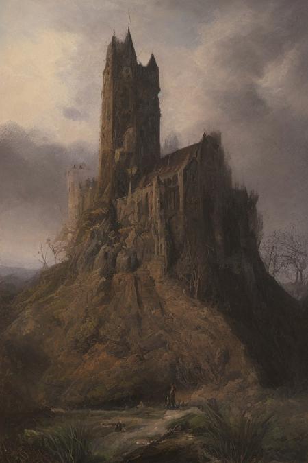 oil painting, of a castle on a cliff, forest, night, a flock of bats flying in the dark sky, reddish moon, clouds tainted red, dark theme, still life, shadows, haunted castle