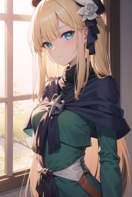 fgoreines, <lora:reines-lora-nochekaiser:1>,
reines, blonde hair, (green eyes:1.5), long hair, bangs, blunt bangs, (small breast:1.2),
BREAK beret, black headwear, black ribbon, blue dress, brown gloves, dress, flower, fur collar, fur trim, fur-trimmed sleeves, gloves, hair flower, hair ornament, hair ribbon, hat, long sleeves, ribbon, rose, tilted headwear, white flower, white rose,
BREAK looking at viewer,
BREAK indoors,
BREAK <lyco:GoodHands-beta2:1>, (masterpiece:1.2), best quality, high resolution, unity 8k wallpaper, (illustration:0.8), (beautiful detailed eyes:1.6), extremely detailed face, perfect lighting, extremely detailed CG, (perfect hands, perfect anatomy),