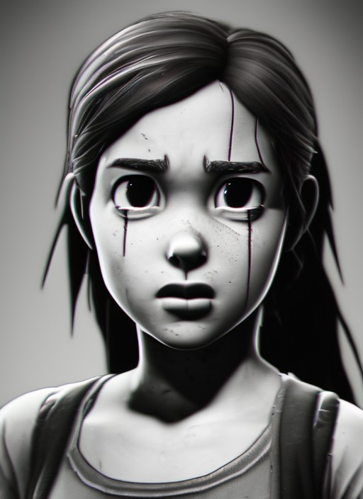 black and white (ocds:1.3) style of a close portrait of ellie, from the last of us , fleischer studios, high detailed, 4k