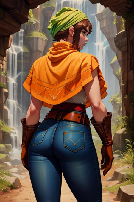 Toan,short brown hair,thick eyebrows,(Solo) , 
orange poncho, denim jeans, green bandana,  white feathers, crested brown gloves, brown boots, belt,  white turtleneck,  red sash, 
dark cave, dirty, standing, 
 tight pants, from behind, 
(insanely detailed, beautiful detailed face, masterpiece, best quality) 
<lora:Toan-10v3:0.7>,